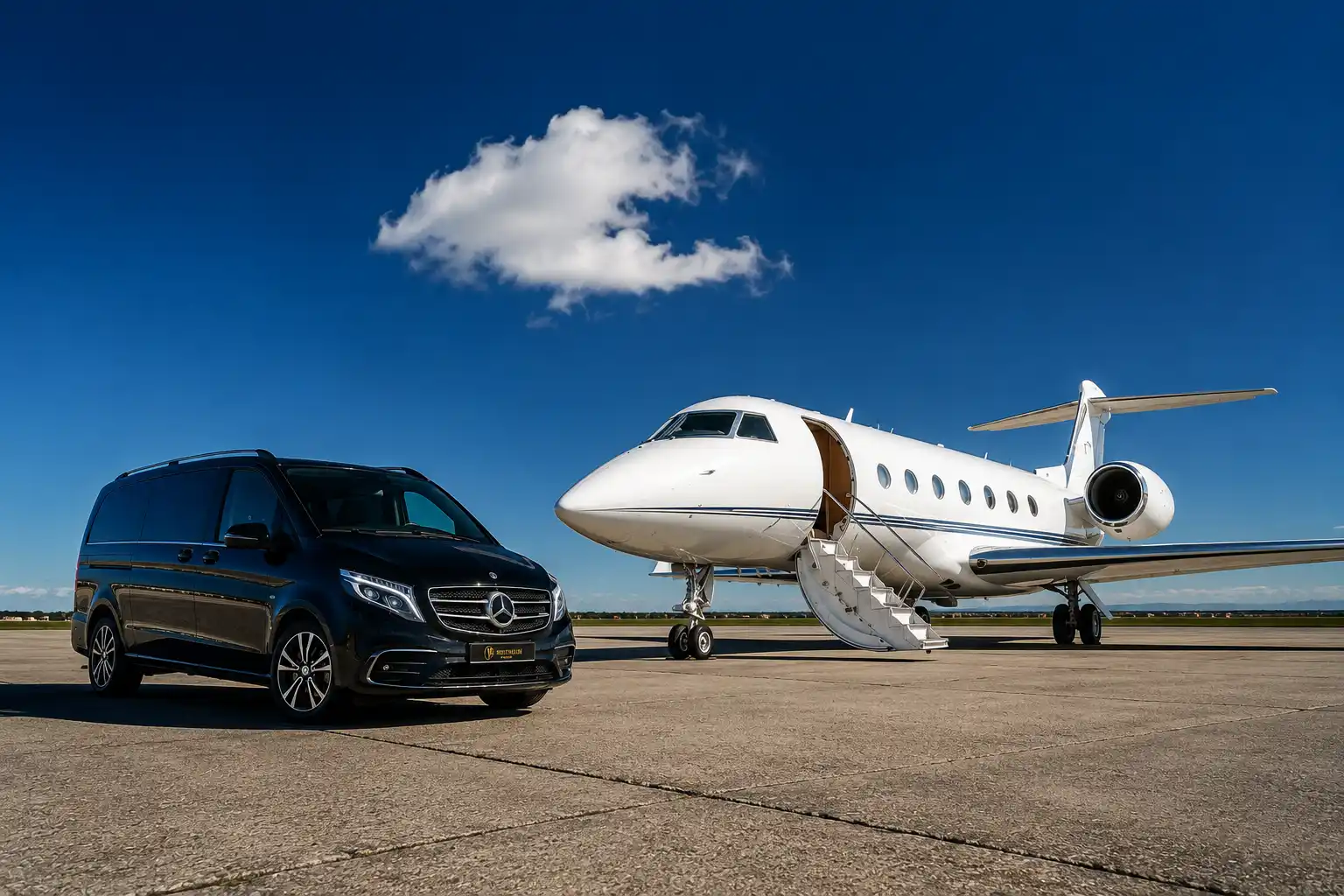 Accueil VIP jet privé Lille-Lesquin, van Mercedes noir sur tarmac aviation d'affaires